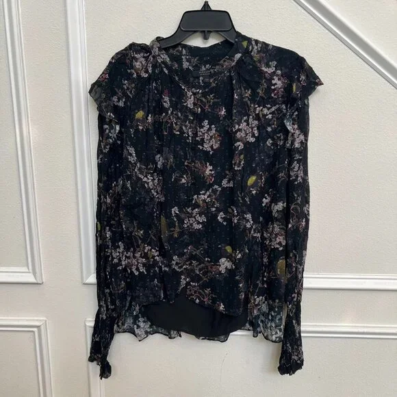NWOT AllSaints women's Lara chiffon Shirt buttons closure Black Blouse Size 6 - Picture 6 of 14